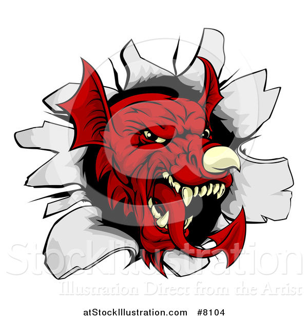 Vector Illustration of a Fierce Red Welsh Dragon Mascot Head Breaking Through a Wall