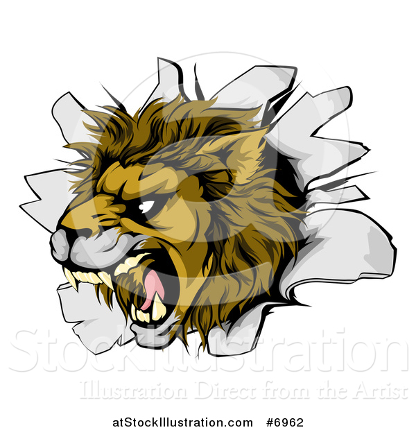 Vector Illustration of a Fierce Roaring Lion Mascot Head Breaking Through a Wall