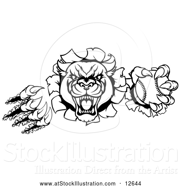 Vector Illustration of a Fierce Roaring Panther Baseball Mascot Shredding Through a Wall - Black Outline