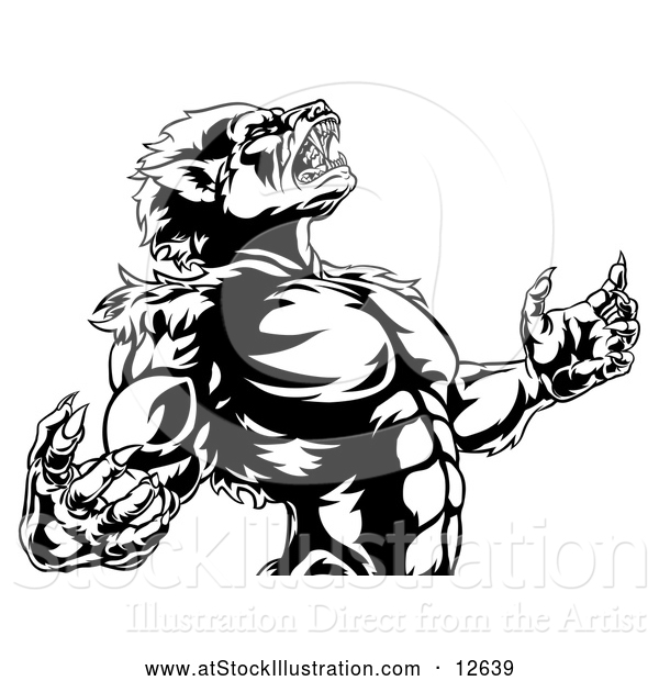 Vector Illustration of a Fierce Werewolf Mascot Howling Aggressively - Black and White