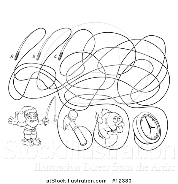Vector Illustration of a Fishing Line Maze with a Garden Gnome, Hammer, Fish and Clock