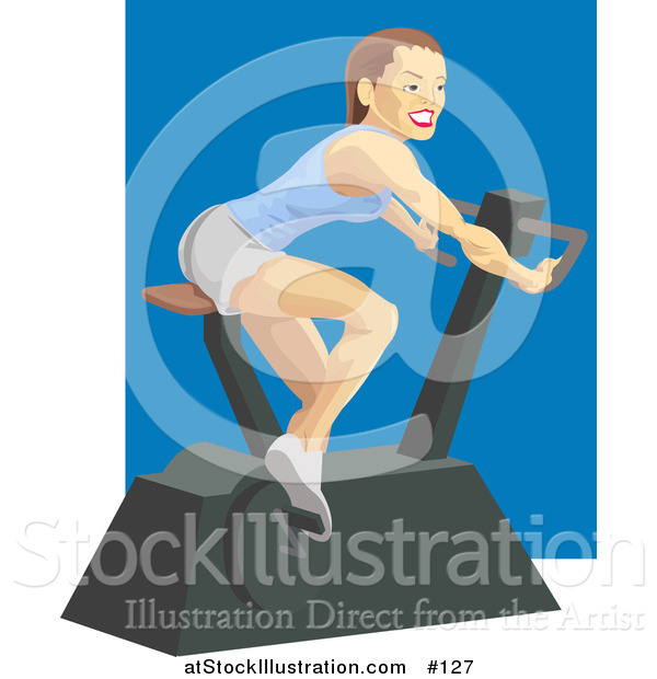 Vector Illustration of a Fit and Healthy Young White Woman Doing Cardio Exercise While Using a Stationary Bike in a Fitness Gym