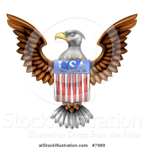 Vector Illustration of a Flying American Bald Eagle with a USA Flag Shield