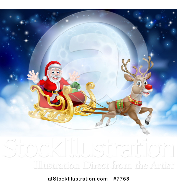 Vector Illustration of a Flying Magic Christmas Red Nosed Reindeer, Rudolph, Flying Santa in a Sleigh Above the Clouds Against a Full Moon