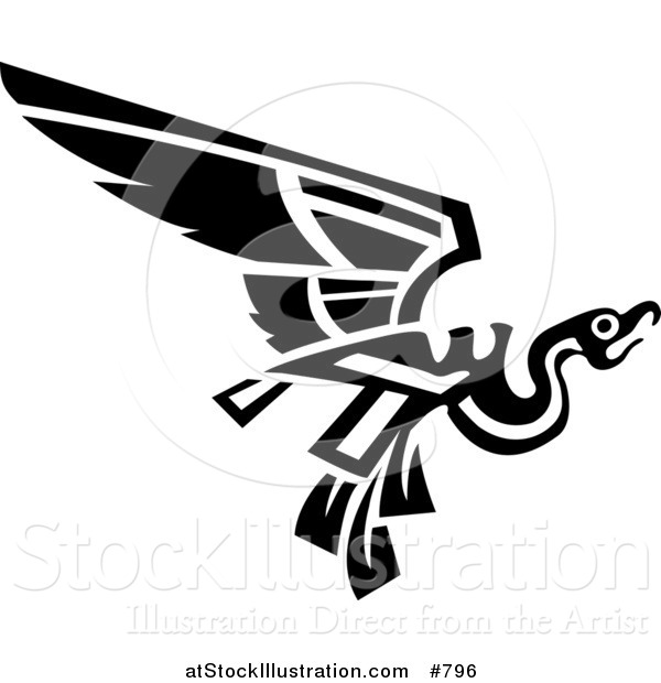 Vector Illustration of a Flying Mayan or Aztec Bird Design in Black and White