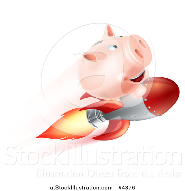 Vector Illustration of a Flying Piggy Bank on a Rocket