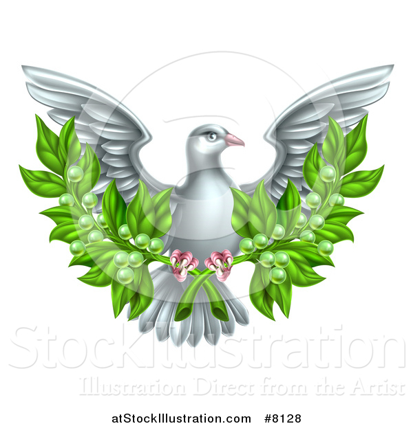 Vector Illustration of a Flying White Peace Dove Holding Crossed Olive Branches
