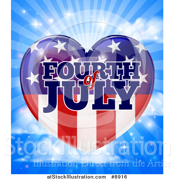 Vector Illustration of a Fourth of July American Flag Heart over a Blue Sky with Clouds and Rays