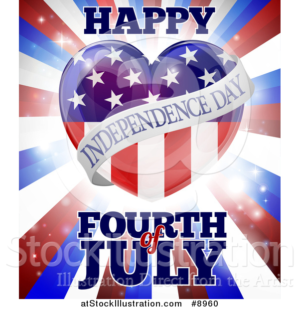 Vector Illustration of a Fourth of July Happy Independence Day American Flag Heart over Flares and Stripes