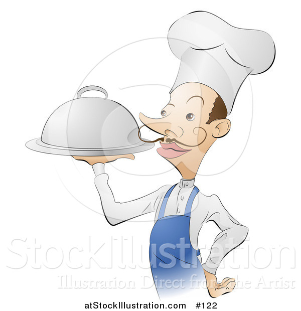 Vector Illustration of a French Male Chef Carrying a Silver Serving Platter of Food