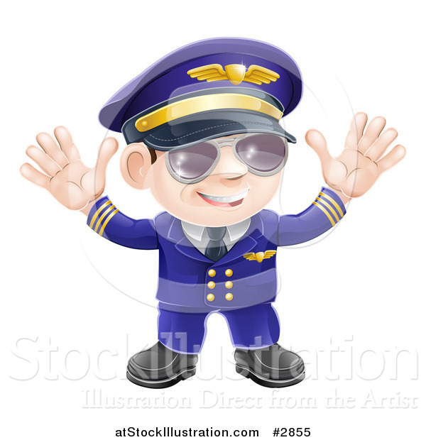 Vector Illustration of a Friendly Airline Pilot Wearing Sunglasses and Waving with Both Hands