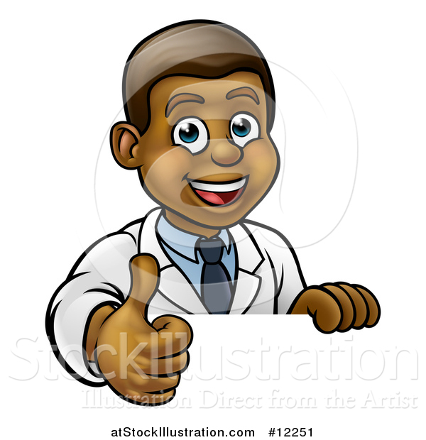 Vector Illustration of a Friendly Black Male Doctor Giving a Thumb up over a Sign