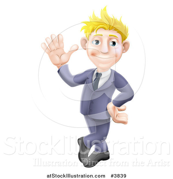 Vector Illustration of a Friendly Blond Businessman in a Blue Suit, Leaning and Waving