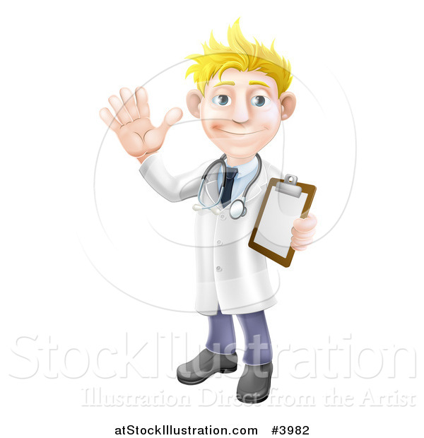 Vector Illustration of a Friendly Blond Male Doctor Waving and Holding a Medical Chart