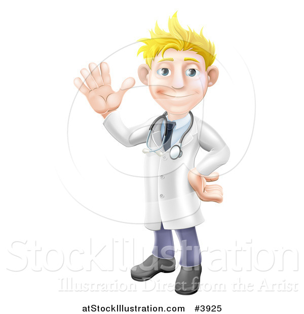 Vector Illustration of a Friendly Blond Male Doctor Waving