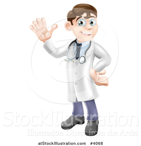 Vector Illustration of a Friendly Brunette Male Doctor Waving