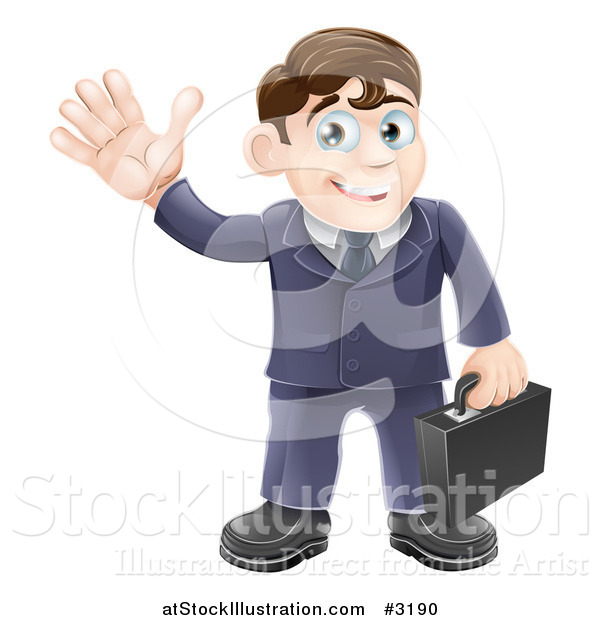 Vector Illustration of a Friendly Businessman Waving and Carrying a Briefcase