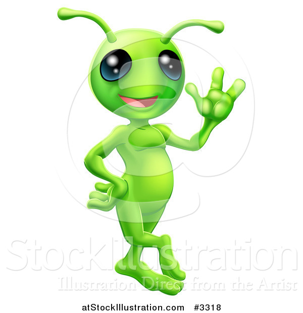 Vector Illustration of a Friendly Green Alien Waving Hello