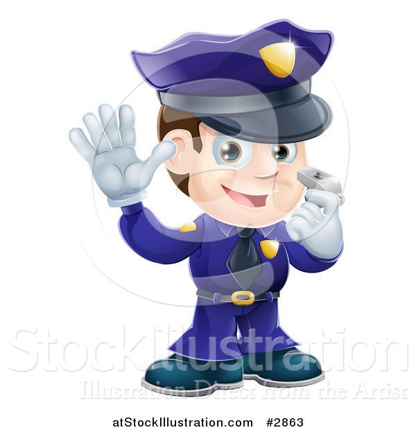 Vector Illustration of a Friendly Male Police Officer Holding a Hand up and Using a Whistle