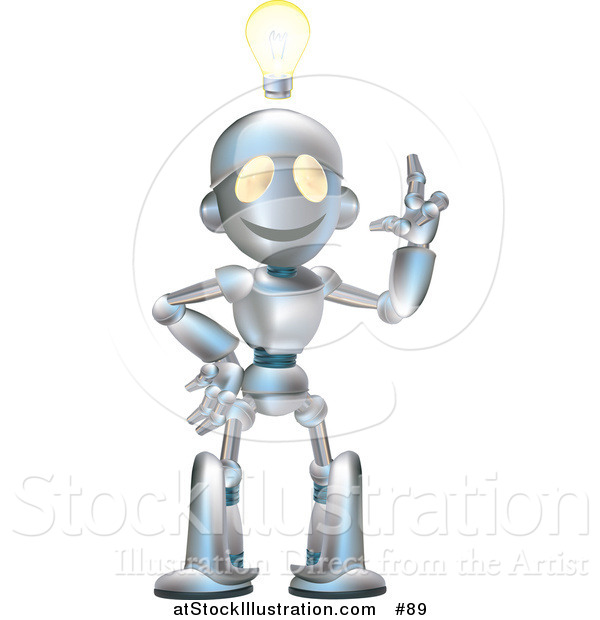 Vector Illustration of a Friendly Metal Robot with an Idea and a Lightbulb over His Head