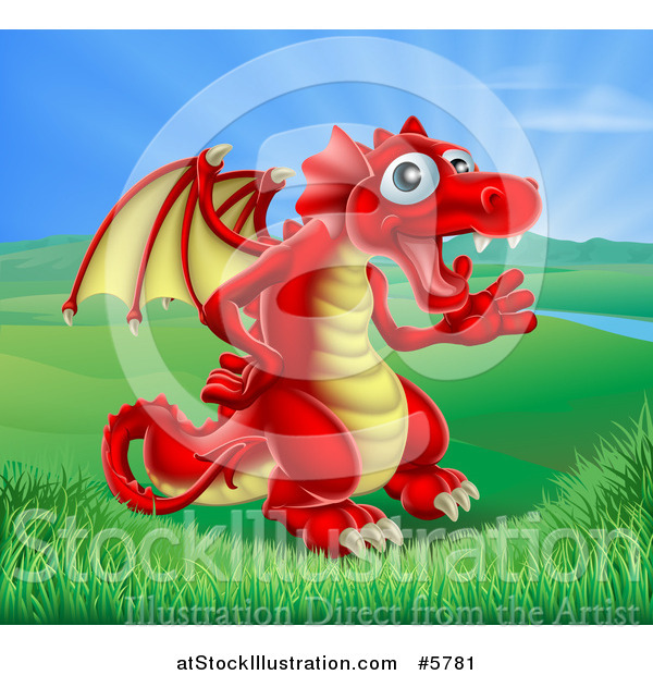 Vector Illustration of a Friendly Red Dragon Waving in a Valley