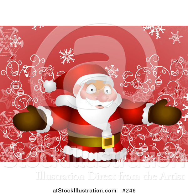 Vector Illustration of a Friendly Santa Standing with Open Arms over Red and Swirls
