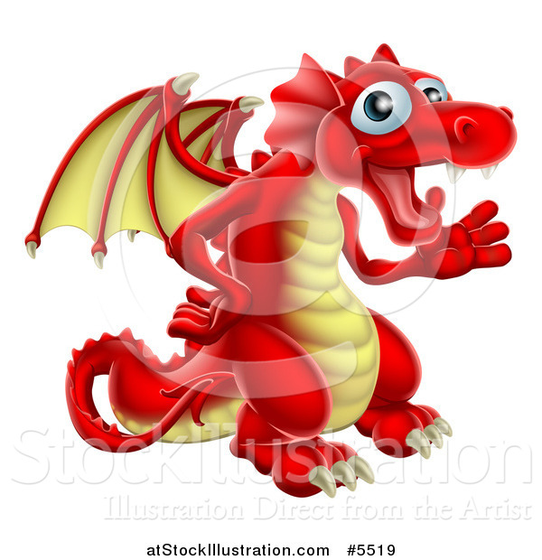 Vector Illustration of a Friendly Waving Red and Yellow Dragon