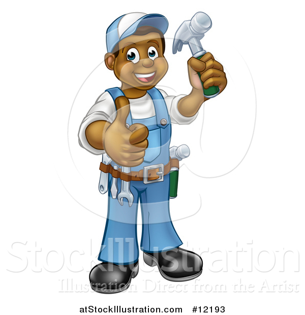 Vector Illustration of a Full Length Happy Black Male Carpenter Holding a Hammer and Giving a Thumb up