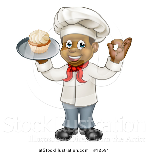 Vector Illustration of a Full Length Happy Black Male Chef Baker Gesturing Ok and Holding a Cupcake on a Tray