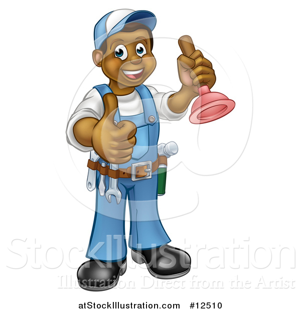 Vector Illustration of a Full Length Happy Black Male Plumber Holding a Plunger and Giving a Thumb up