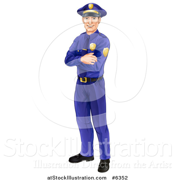 Vector Illustration of a Full Length Happy Caucasian Male Police Officer Standing with Folded Arms