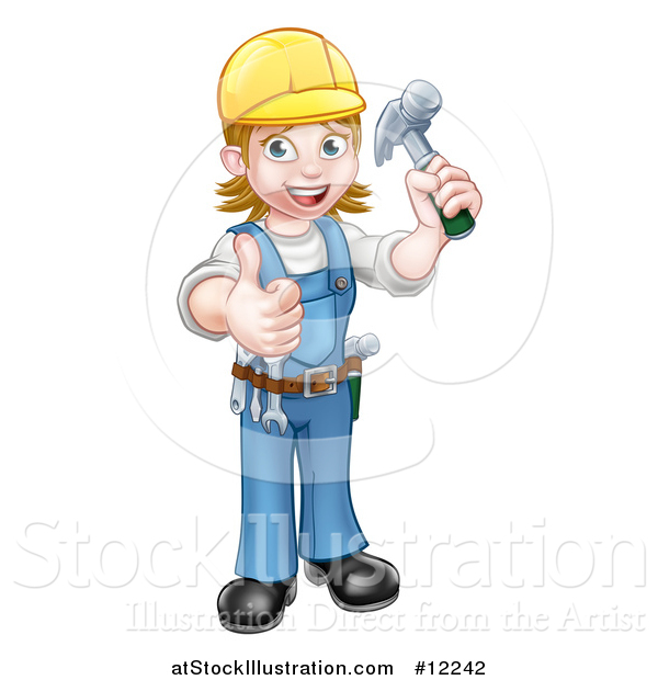 Vector Illustration of a Full Length Happy White Female Carpenter Worker Holding up a Hammer and Giving a Thumb up