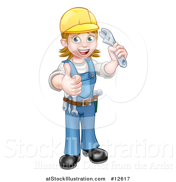 Vector Illustration of a Full Length Happy White Female Mechanic Wearing a Hard Hat, Holding up a Wrench and Giving a Thumb up