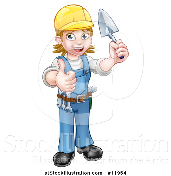 Vector Illustration of a Full Length White Female Mason Worker Holding a Trowel and Giving a Thumb up