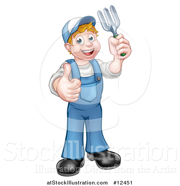 Vector Illustration of a Full Length White Male Gardener Holding a Garden Fork and Giving a Thumb up