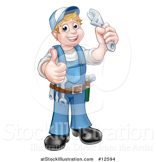 Vector Illustration of a Full Length White Male Plumber Holding an Adjustable Wrench and Giving a Thumb up