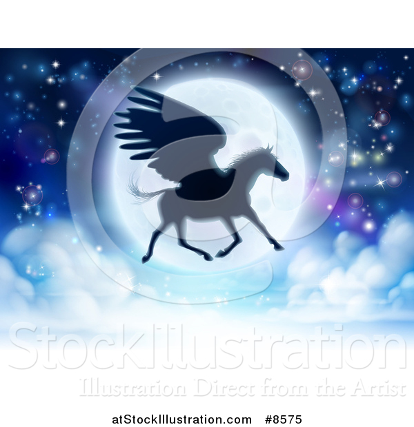 Vector Illustration of a Full Moon and Silhouetted Flying Pegasus