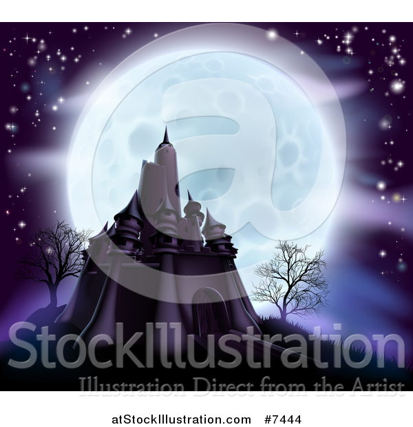 Vector Illustration of a Full Moon Behind a Halloween Haunted Castle with Bare Trees and Purple Tones