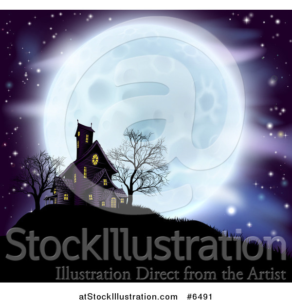 Vector Illustration of a Full Moon Behind a Haunted House and Bare Trees on a Hill