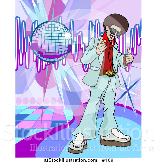 Vector Illustration of a Funkster Man with an Afro Standing on a Dance Floor Under a Disco Ball in a Club