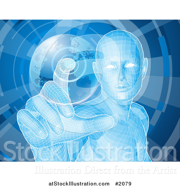 Vector Illustration of a Futuristic Blue Person Pushing a Globe Button