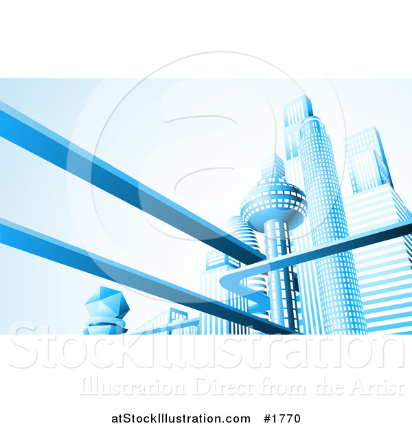 Vector Illustration of a Futuristic City Skyline with Skyscrapers and Floating Roads in Blue Tones