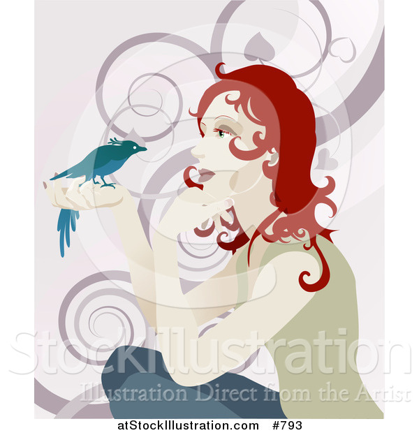 Vector Illustration of a Gentle Redhead Woman Holding a Bird in Her Hand