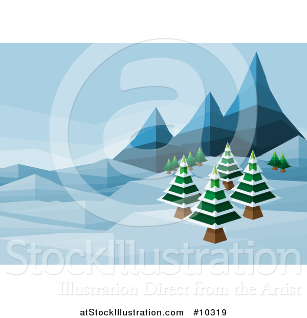 Vector Illustration of a Geometric Polygon Styled Winter Landscape with Mountains and Evergreen Trees