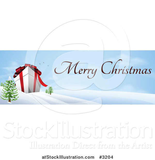 Vector Illustration of a Giant 3d Gift Box in a Winter Landscape with Merry Christmas Text