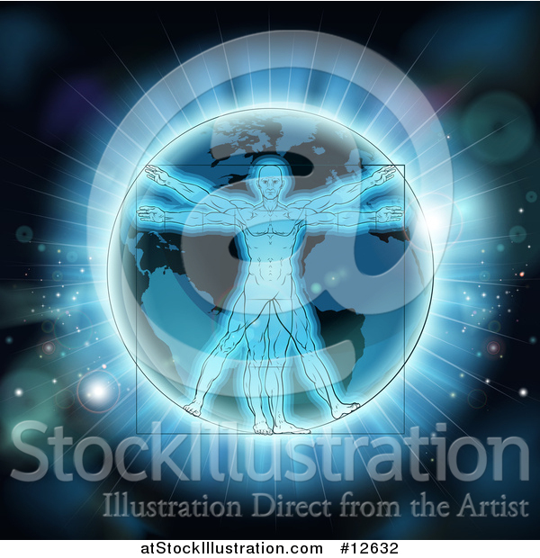 Vector Illustration of a Glowing Earth Globe with a Vitruvian Man