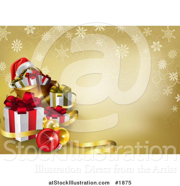 Vector Illustration of a Gold Christmas Background with Ribbons, Snowflakes, Baubles, a Santa Hat and Gifts