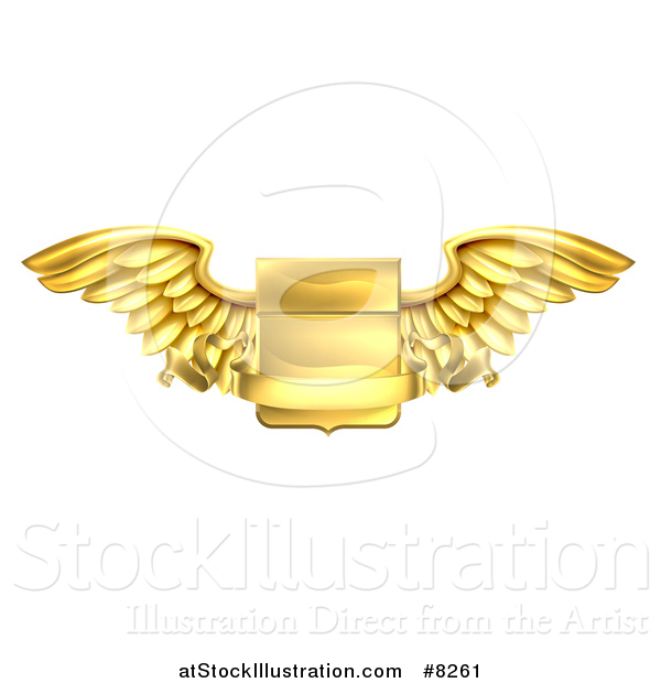 Vector Illustration of a Gold Heraldic Winged Shield with a Blank Banner Ribbon