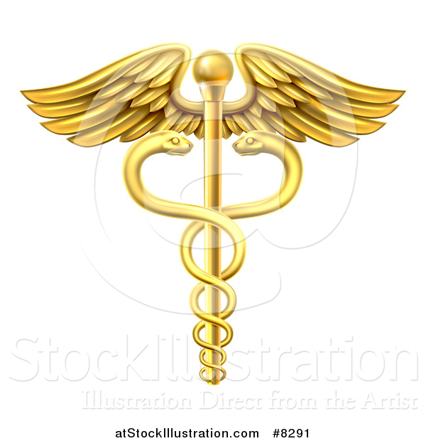 Vector Illustration of a Gold Medical Caduceus with Snakes on a Winged Rod