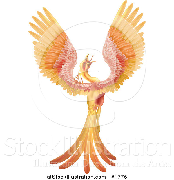 Vector Illustration of a Golden and Red Phoenix Bird Crowing and Stretching Its Wings